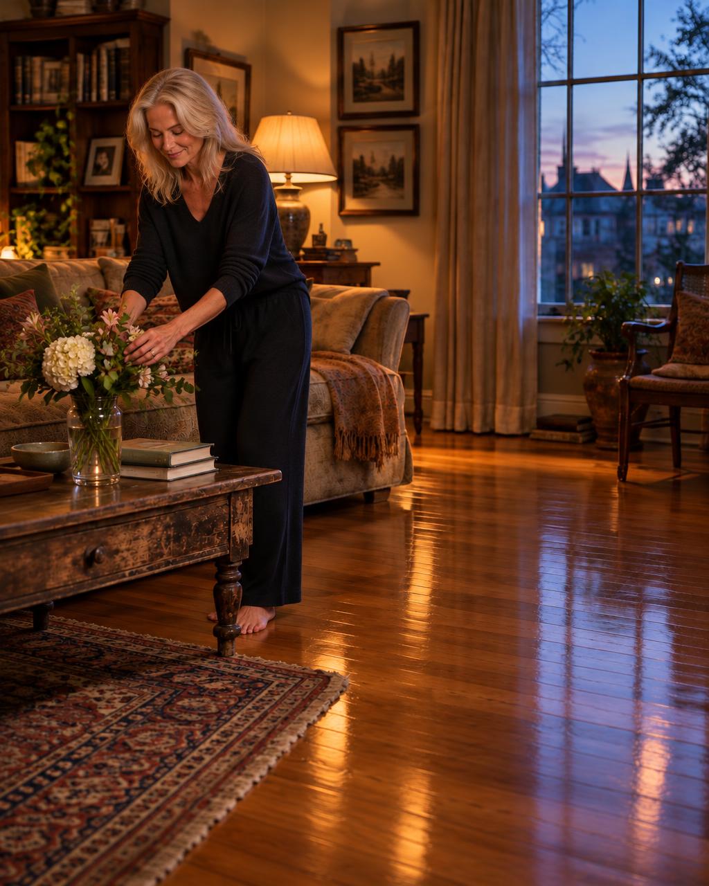 A woman in her 50s arranges fresh flowers in her warm evening home, with beautifully cared-for wooden floors.