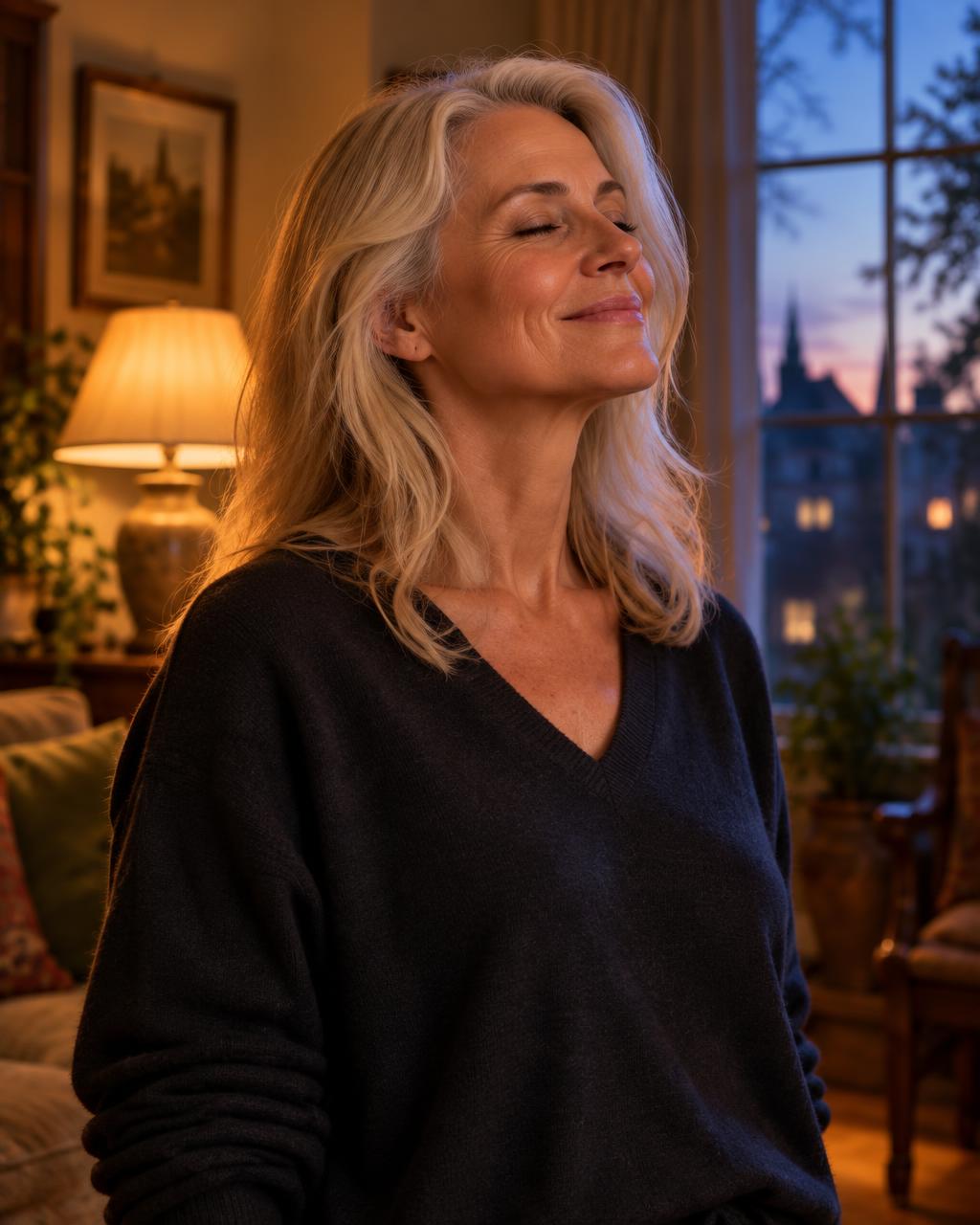 An intimate portrait of the woman quietly taking in the atmosphere of her home, eyes softly closed.