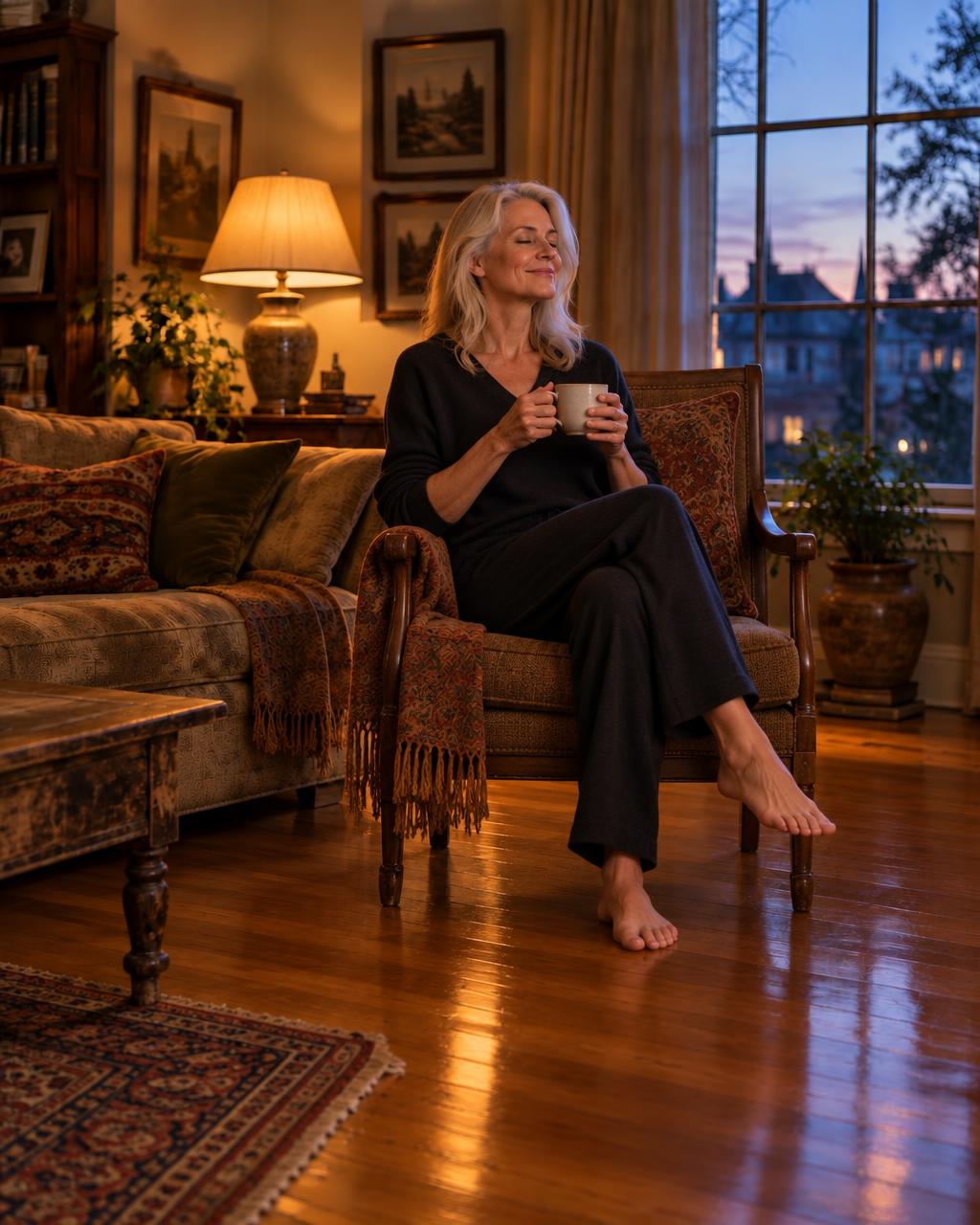 The same woman sits alone in her favorite chair with a cup of tea, smiling in her quiet home.